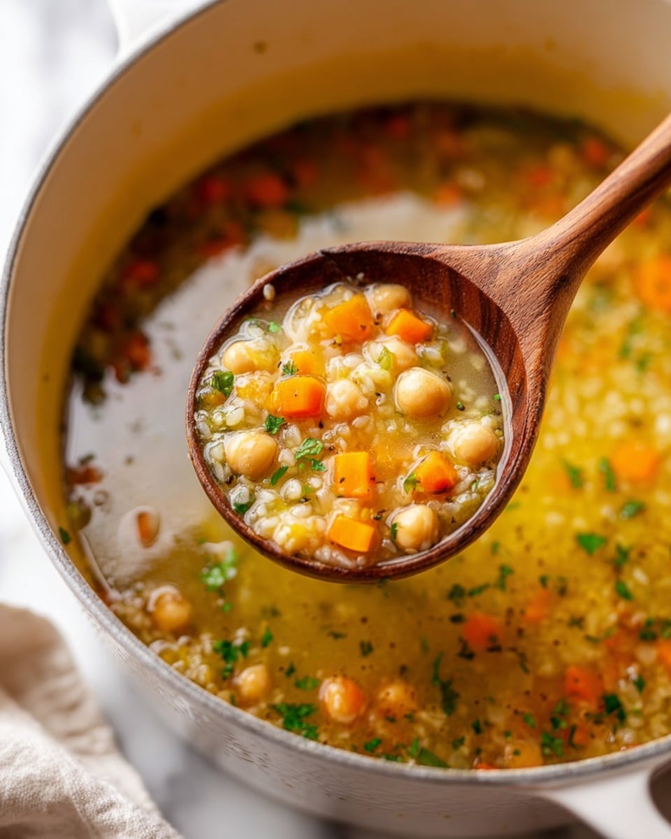 A close-up view of a wooden spoon lifting a scoop of clear golden soup from a white pot. The soup has three main layers: a shiny broth with small herbs floating, diced bright orange carrots, and plump beige chickpeas mixed with grains that look soft and creamy. Small bits of green parsley are sprinkled throughout, adding color contrast. The pot sits on a white marbled surface with a soft focus cloth in the background. Photo taken with an iphone --ar 4:5 --v 7