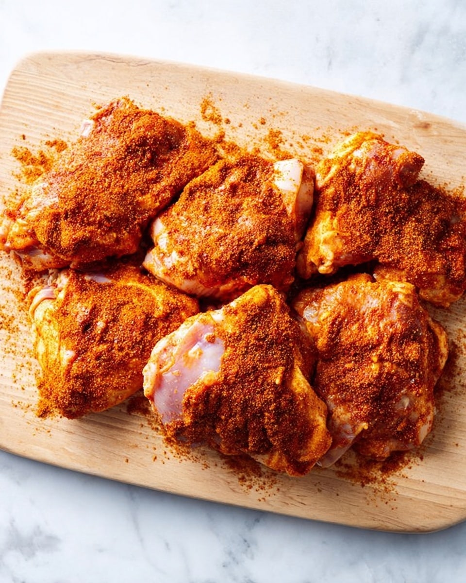 Raw chicken pieces are spread out on a light brown wooden cutting board. Each piece is covered with a thick layer of reddish-brown spice powder, giving a rough texture and uneven color on the chicken skin. The cutting board is placed on a white marbled surface, which adds a soft contrast to the warm colors of the chicken and spices. The chicken pieces vary in size and shape, overlapping slightly, showing the natural shades of pink skin beneath the spice. photo taken with an iphone --ar 4:5 --v 7
