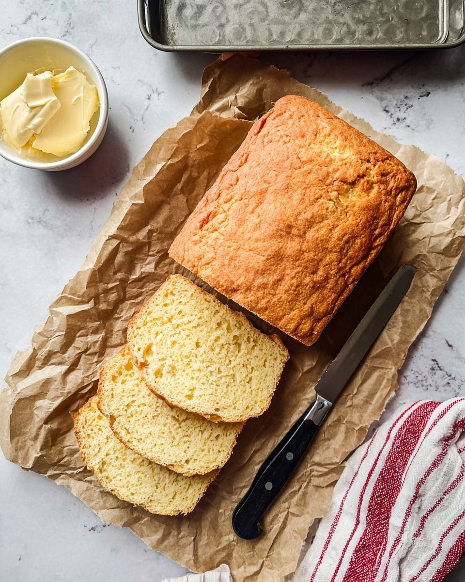 A loaf of golden-brown bread sits on slightly crumpled parchment paper with four slices cut and placed to the left side of the loaf, showing a soft and porous light yellow crumb inside. A black-handled knife rests near the bottom right corner of the parchment paper. Above the bread, there is a baking pan with an open lid, and to the upper left is a small white bowl filled with pale yellow butter. A white and red striped cloth is partially visible near the top right corner. The entire scene is set on a surface with a white marbled texture. Photo taken with an iphone --ar 4:5 --v 7