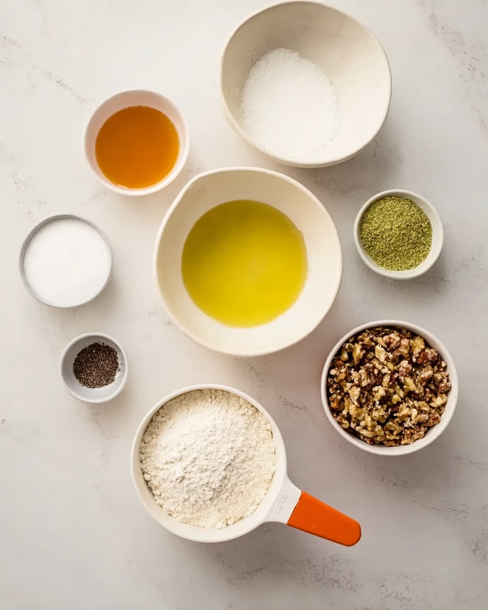 The image shows seven white bowls and one measuring cup arranged on a white marbled surface. The white measuring cup with an orange handle holds white flour and is centered at the bottom. Directly above it is a medium white bowl filled with yellow liquid, likely oil. To the left of the flour is an empty white bowl. Below that is a white bowl filled with white granulated sugar. At the top left is a small bowl containing an orange liquid, possibly honey or syrup. On the top right, a small white bowl contains a dark powder, likely ground seeds or spice. Below that on the right is a smaller bowl with green powder, probably matcha or similar. The bottom right holds a larger bowl filled with a mix of granola or nuts, showing various brown and green colors. The bowls are spread evenly with clear visibility of each ingredient, photo taken with an iphone --ar 4:5 --v 7