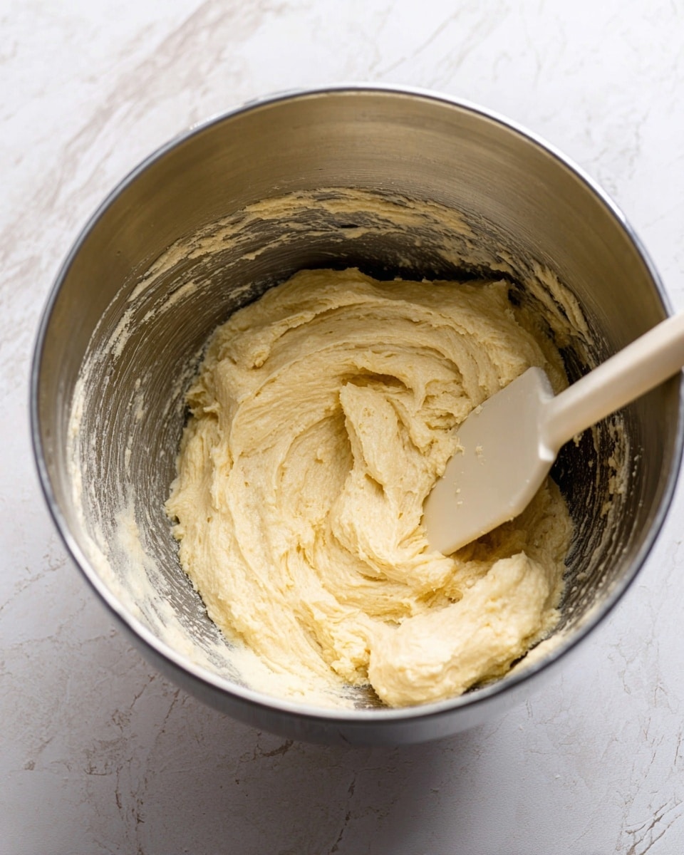 A close-up view of a shiny silver mixing bowl containing a thick, creamy, pale yellow batter with a smooth and slightly grainy texture. A white spatula with a light beige handle is partially submerged in the batter on the right side. The bowl sits on a surface with a white marbled texture. Photo taken with an iphone --ar 4:5 --v 7