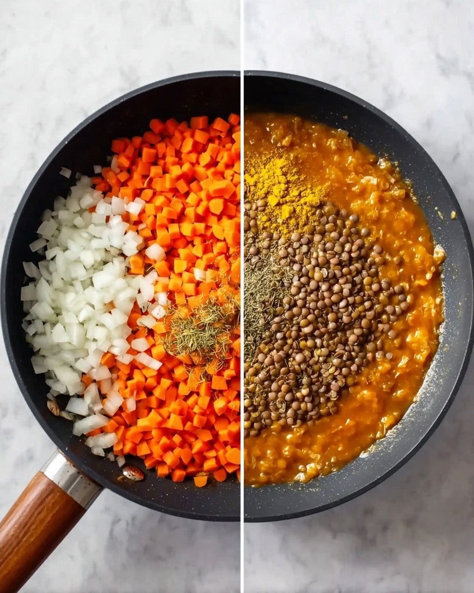 The image shows two side-by-side photos of a black frying pan with a wooden handle on a white marbled surface. The left photo has three layers in the pan: a base layer of diced white onions, a pile of bright orange chopped carrots on the right side, and some yellow powder mixed with small herbs on top near the center. The right photo shows the same pan filled with a thick orange broth, with a heap of small brown lentils in the middle, partially submerged in the liquid. photo taken with an iphone --ar 4:5 --v 7
