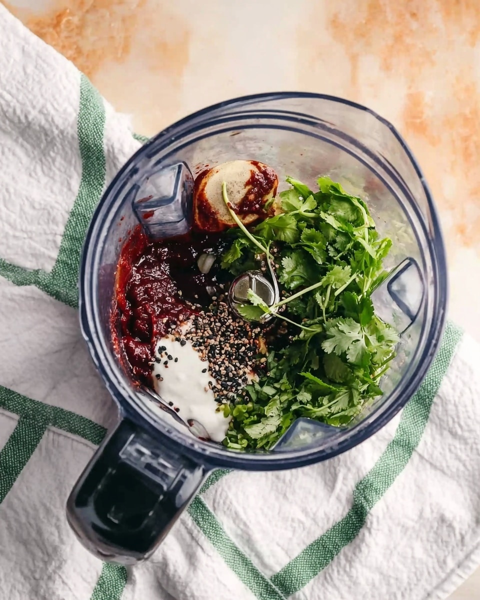 A clear blender bowl shows several layers of ingredients: white creamy base at the bottom, green fresh cilantro with stems to one side, dark red sauce near the top edge, and a scatter of black seeds and green herbs over the mix. The blender is placed on a white cloth with green stripes, all set on a white marbled surface. A woman's hand is positioned on the blender's lid handle, ready to blend. photo taken with an iphone --ar 4:5 --v 7