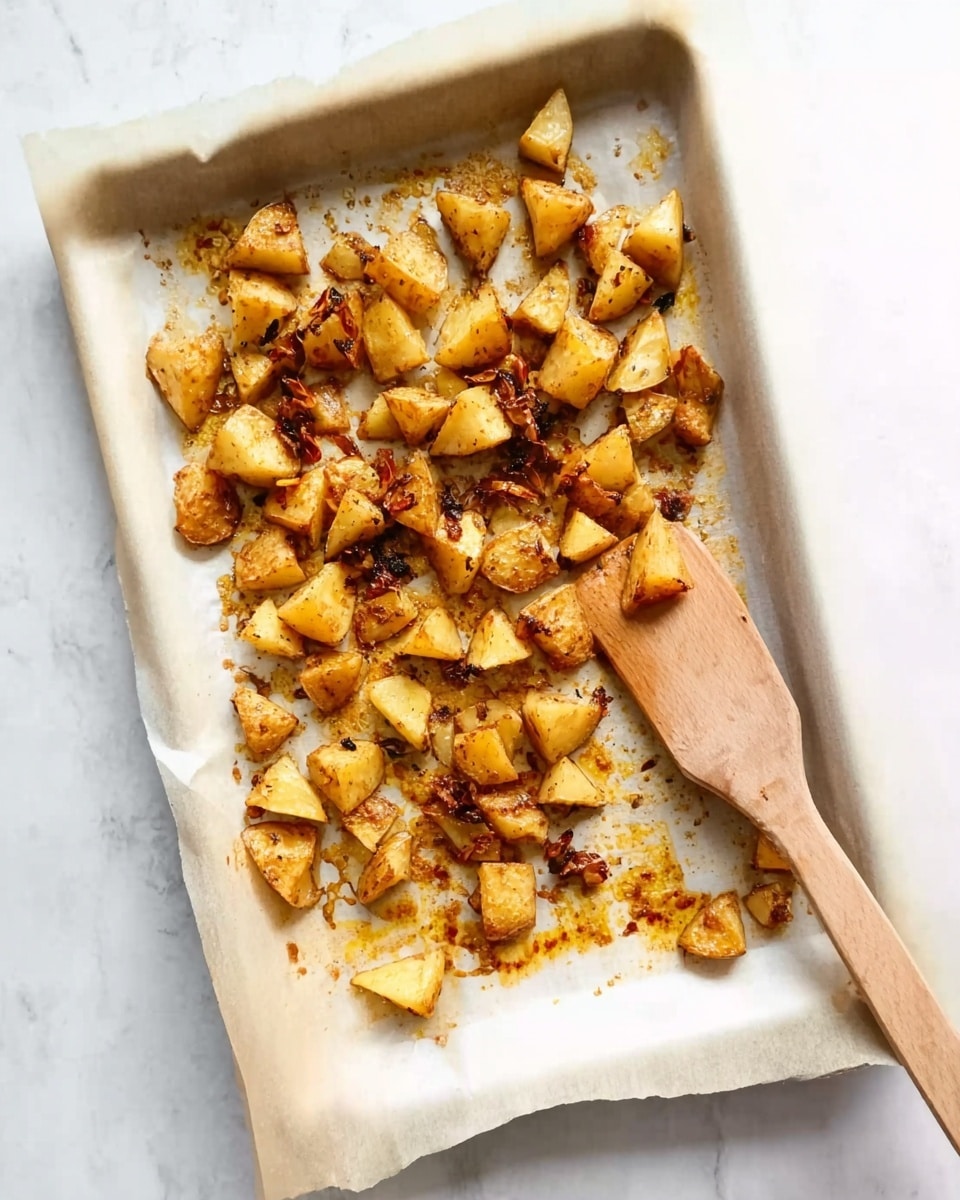 The image shows a baking tray lined with white parchment paper on a white marbled texture surface. On the tray, there are many small potato pieces cooked to a golden-brown color with some darker charred spots. The potatoes are cut into small triangular and irregular shapes, mixed with small bits of browned onions or peppers. A light layer of oil and spices can be seen on the parchment paper, which is slightly stained in orange and brown hues. A light wooden spatula rests on the right side of the tray, touching the potatoes. Photo taken with an iphone --ar 4:5 --v 7