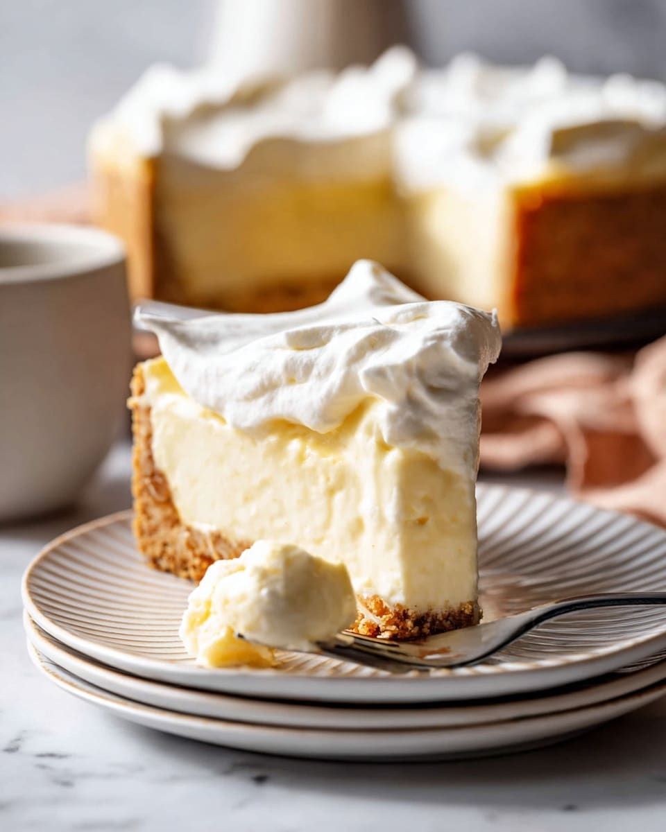 A slice of creamy, pale yellow pie sits on a white ribbed plate, showing three layers: a light brown crumbly crust at the bottom, a thick custard-like creamy middle, and a fluffy white whipped topping spread over the top with soft peaks and gentle waves. A small piece of the pie is on the plate near a fork, revealing the smooth texture inside. In the background, the rest of the pie is visible on a round rack, slightly blurred, with a soft white marbled texture under the plate. Photo taken with an iphone --ar 4:5 --v 7
