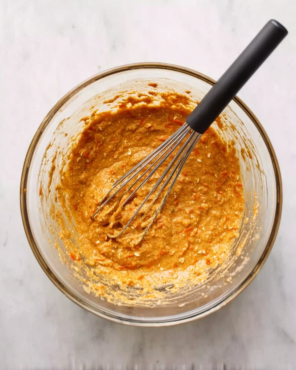 A clear glass bowl filled with a thick mix of orange and light brown color, showing small pieces of carrot and oats throughout. A metal whisk with a black handle rests inside the bowl, partially soaked with the mix. The bowl is placed on a white marbled surface. The texture of the mix looks soft and slightly lumpy. photo taken with an iphone --ar 4:5 --v 7