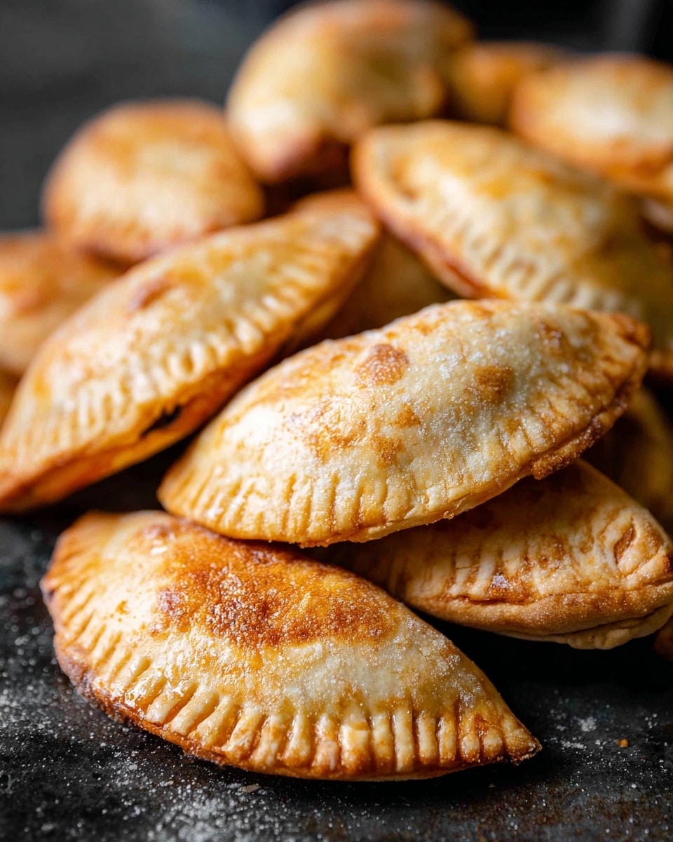 The image shows a close-up of several golden-brown hand pies arranged in a pile on a dark surface with a slightly textured look. Each hand pie has a half-moon shape with a crimped edge made by pressing down with a fork, showing a flaky, slightly shiny crust that looks crisp and inviting. The hand pies have a light dusting of flour or sugar on their surface, giving them a soft, textured appearance with slight variations in color from light golden to a deeper brown in some spots. The background is blurred, focusing on the front hand pies, and the lighting highlights the crust’s texture and the warm tones of the baked pastries. photo taken with an iphone --ar 4:5 --v 7