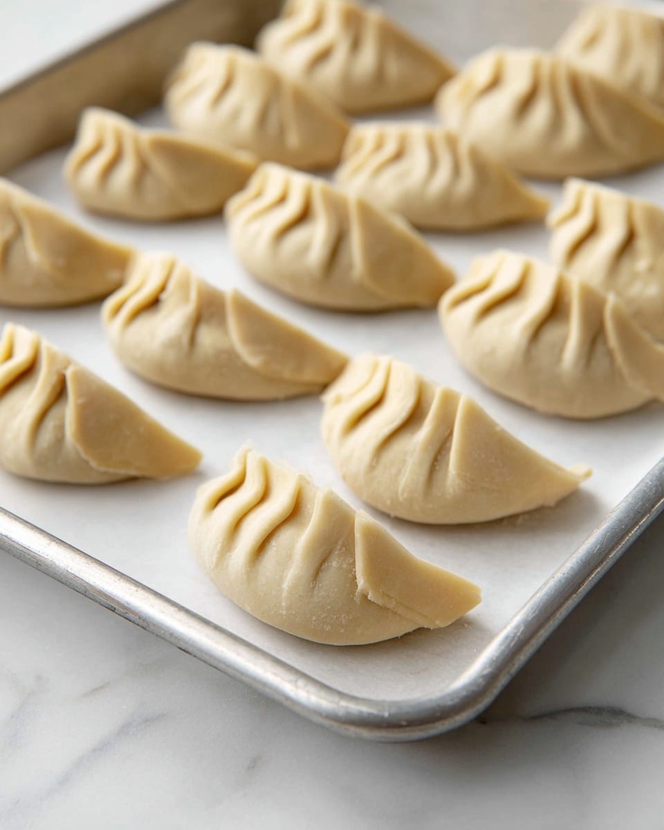 Several raw dumplings are placed on a metal tray lined with white parchment paper. Each dumpling has a light beige dough and is folded with neat, consistent pleats along the top edge, creating a curved shape that rests on the tray. The dumplings fill the tray in rows, with soft shadows defining their rounded, smooth texture against the clean, white marbled surface beneath the tray. The overall look is soft and fresh, showing the delicate folds of dough clearly. Photo taken with an iphone --ar 4:5 --v 7