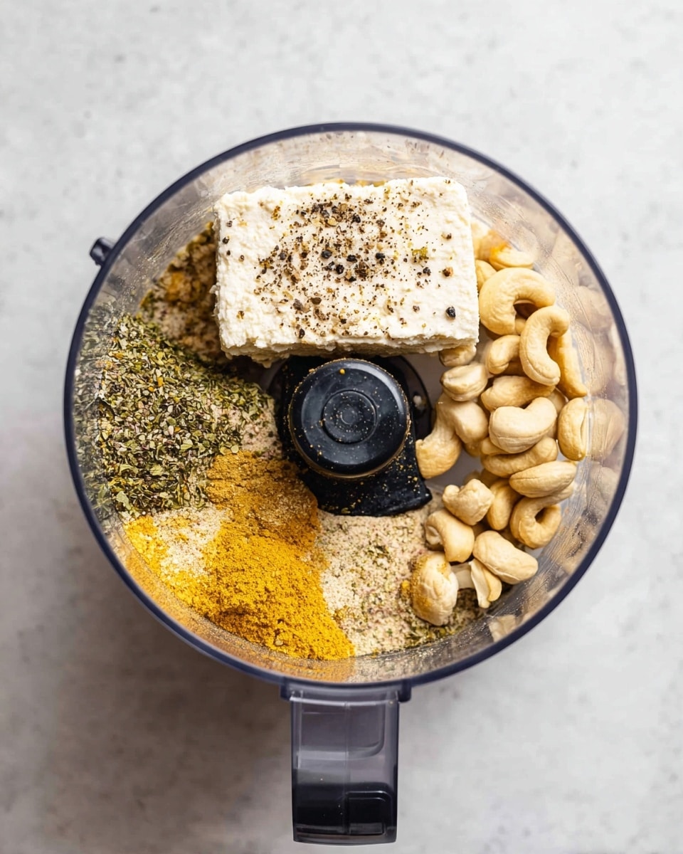 Inside a clear food processor bowl, several layers of ingredients are arranged. At the center top is a large block of white, crumbly textured tofu sprinkled with black pepper. Around the tofu, there are light beige whole cashews and a mix of yellow and green dry seasonings. The yellow seasonings have a fine, powdery texture, while the green ones seem like dried herbs. These layers fill the bowl evenly, and the black blade at the center has some yellow residue. The food processor sits on a white marbled surface. Photo taken with an iphone --ar 4:5 --v 7