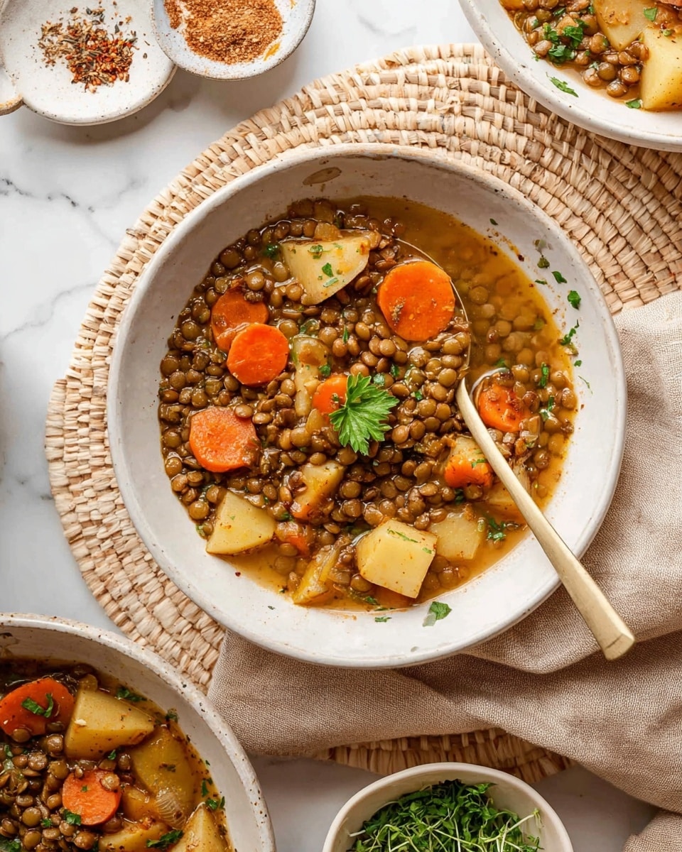 The image shows a white bowl filled with lentil stew, layered with small greenish-brown lentils mixed with round orange carrot slices and pale yellow potato chunks, all sitting in a light brown broth. The stew is garnished with a small green parsley leaf on top. A beige spoon rests inside the bowl, positioned from the lower right corner toward the center. The bowl is placed on a soft beige cloth on top of a white marbled surface, with a woven mat and a small white dish with spices visible in the upper left corner, and a small white bowl with fresh green herbs in the lower part of the image. Another white bowl with the same lentil stew is partially visible in the background. Photo taken with an iphone --ar 4:5 --v 7