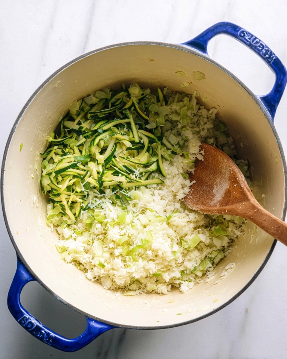 Inside a large white pot with blue handles sits a mix of chopped vegetables and grated ingredients. On the bottom, there are small pieces of white cauliflower rice. Above this layer is a mix of pale green and white chopped onions and diced light green peppers. On the side, there are thin strips of green zucchini adding a fresh texture. A wooden spatula rests inside, partially mixing and showing the textures of the ingredients. The pot is set against a white marbled surface. photo taken with an iphone --ar 4:5 --v 7
