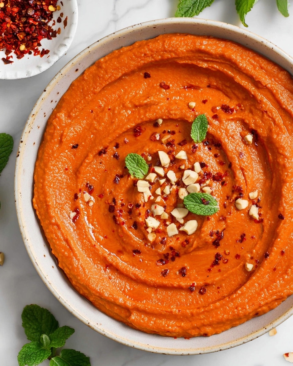 A large white bowl filled with smooth, thick, bright red-orange dip, swirled in a circular pattern. On top, small pieces of light brown nuts are scattered evenly, along with a few fresh green mint leaves and tiny red chili flakes spread across the surface. The bowl sits on a white marbled surface with small green mint leaves around it. A small white bowl with red chili flakes is partly visible in the top left corner. photo taken with an iphone --ar 4:5 --v 7