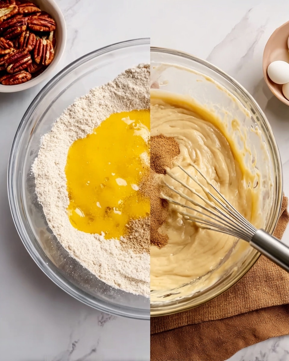 A clear glass bowl sits on a white marbled surface, filled with separate ingredients: a light beige flour on one side, bright yellow egg yolk mixture spread over the flour, and a small amount of light brown vanilla or spice powder in the center; white objects and a bowl of pecans are visible in the background. The second image shows the same clear glass bowl now with a smooth, creamy batter mixed together, light beige in color with a slightly shiny texture, a metal whisk inserted into the batter with some batter clinging slightly to it, and a folded brown cloth partially under the bowl on the white marbled surface. photo taken with an iphone --ar 4:5 --v 7
