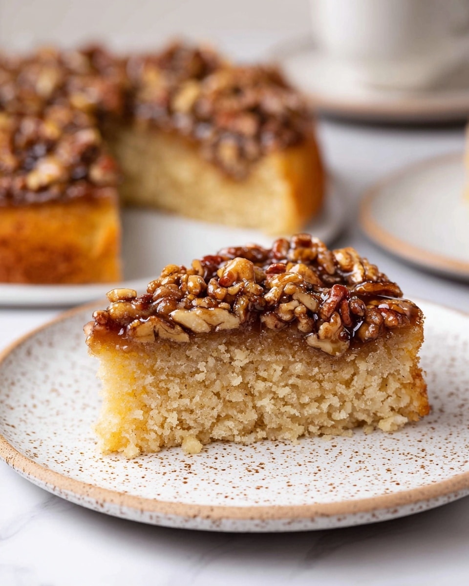 The image shows a slice of two-layer cake on a white speckled plate. The bottom layer is thick and light golden with a soft, crumbly texture. The top layer is a glossy, sticky mix of brown nuts, mainly pecans, closely packed together with a rich syrup coating that looks shiny and slightly rough. In the background, the rest of the cake has one slice missing, placed on a matching white speckled plate, all set on a white marbled surface with a soft focus on the background elements. Photo taken with an iphone --ar 4:5 --v 7