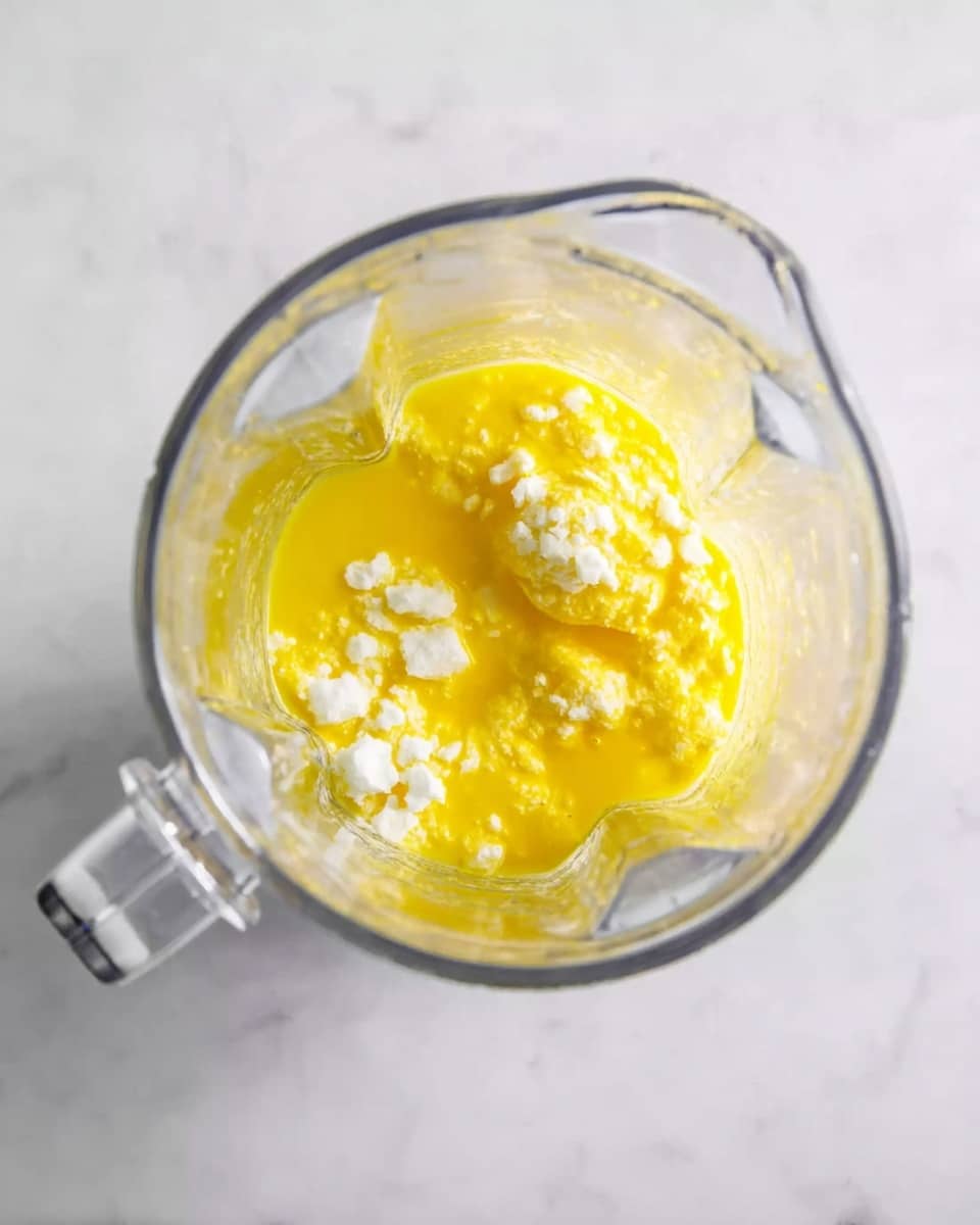 A clear glass blender cup is filled with a mixture of bright yellow liquid and small white chunks, giving a textured look inside. The blender cup has a white handle on the left side, and it is placed on a white marbled surface. The light illuminates the mixture, showing the thick and uneven texture clearly in the center of the blender. photo taken with an iphone --ar 4:5 --v 7