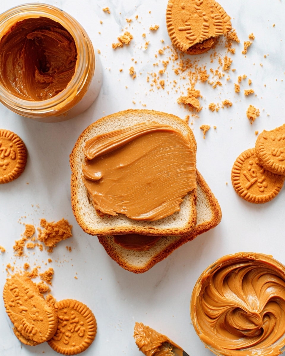 The image shows two slices of light brown bread stacked with the top slice spread evenly with a smooth, thick layer of caramel-brown cookie butter. Around the bread, there are several whole and broken orange-brown Lotus biscuits scattered, with visible crumbs adding texture. Two jars of the same caramel-brown cookie butter are open, one at the top left and one at the bottom right of the image, with creamy, swirled surfaces. All items are placed on a white marbled background, creating a clean and bright setting. photo taken with an iphone --ar 4:5 --v 7