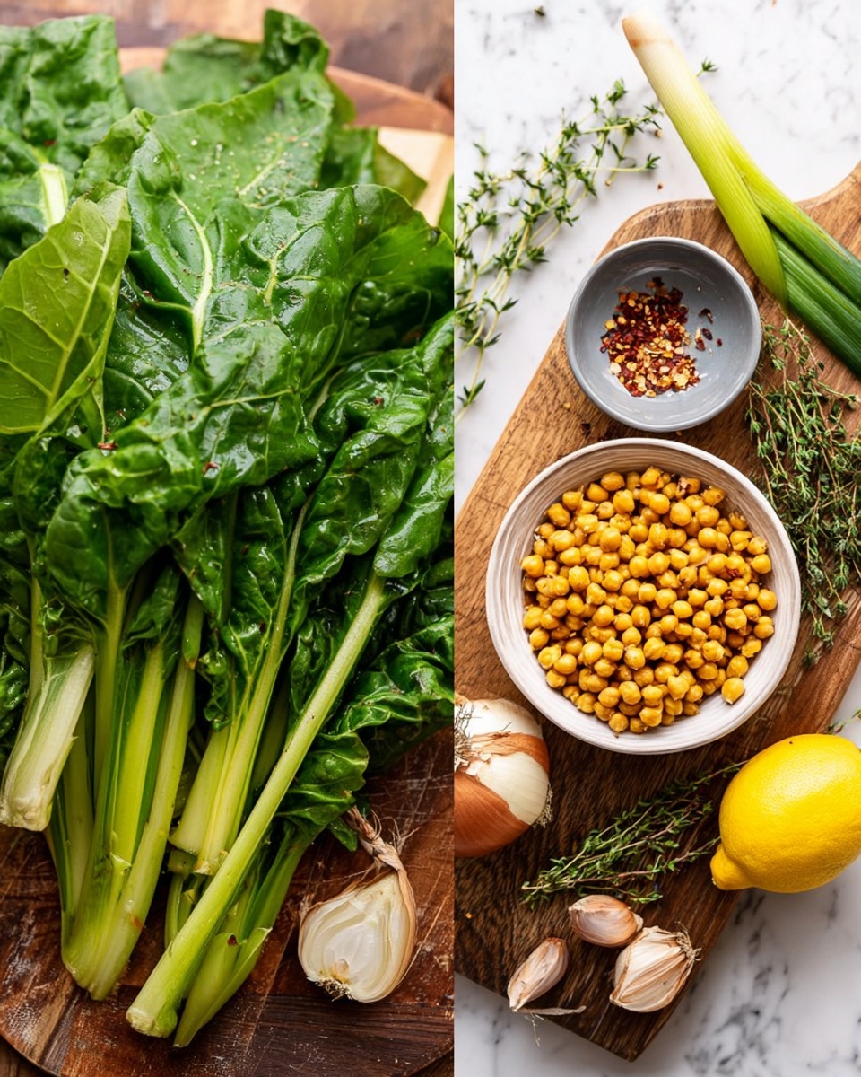 The image shows a bunch of fresh green Swiss chard leaves with long, bright green stalks on the left side, laying loosely on a wooden surface. On the right side, there is a white round bowl filled with yellow chickpeas placed on a wooden cutting board. Around the bowl on the board, there is a halved yellow lemon, a whole garlic bulb, a small gray bowl with red chili flakes, several sprigs of fresh green thyme, a long white and green leek, and a small brown shallot. The background is a white marbled surface. photo taken with an iphone --ar 4:5 --v 7