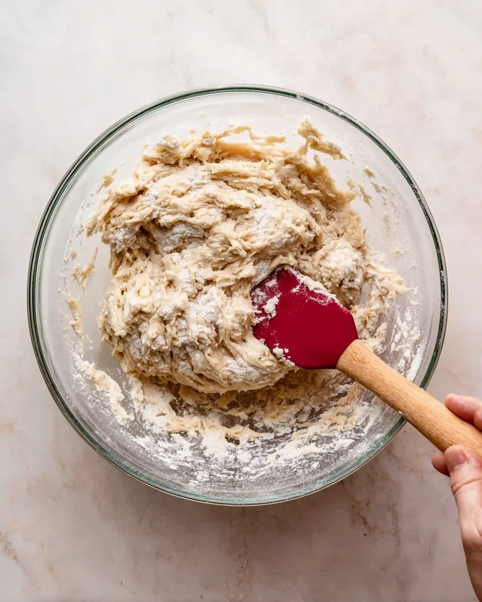 A clear glass bowl placed on a white marbled surface contains sticky dough being mixed. The dough is creamy beige with flecks of flour scattered unevenly on top. A red spatula with a wooden handle is partially inserted into the dough, held by a woman's hand on the right side of the image. The texture of the dough looks soft and sticky, with some parts smoother and some parts slightly bumpy. Photo taken with an iphone --ar 4:5 --v 7
