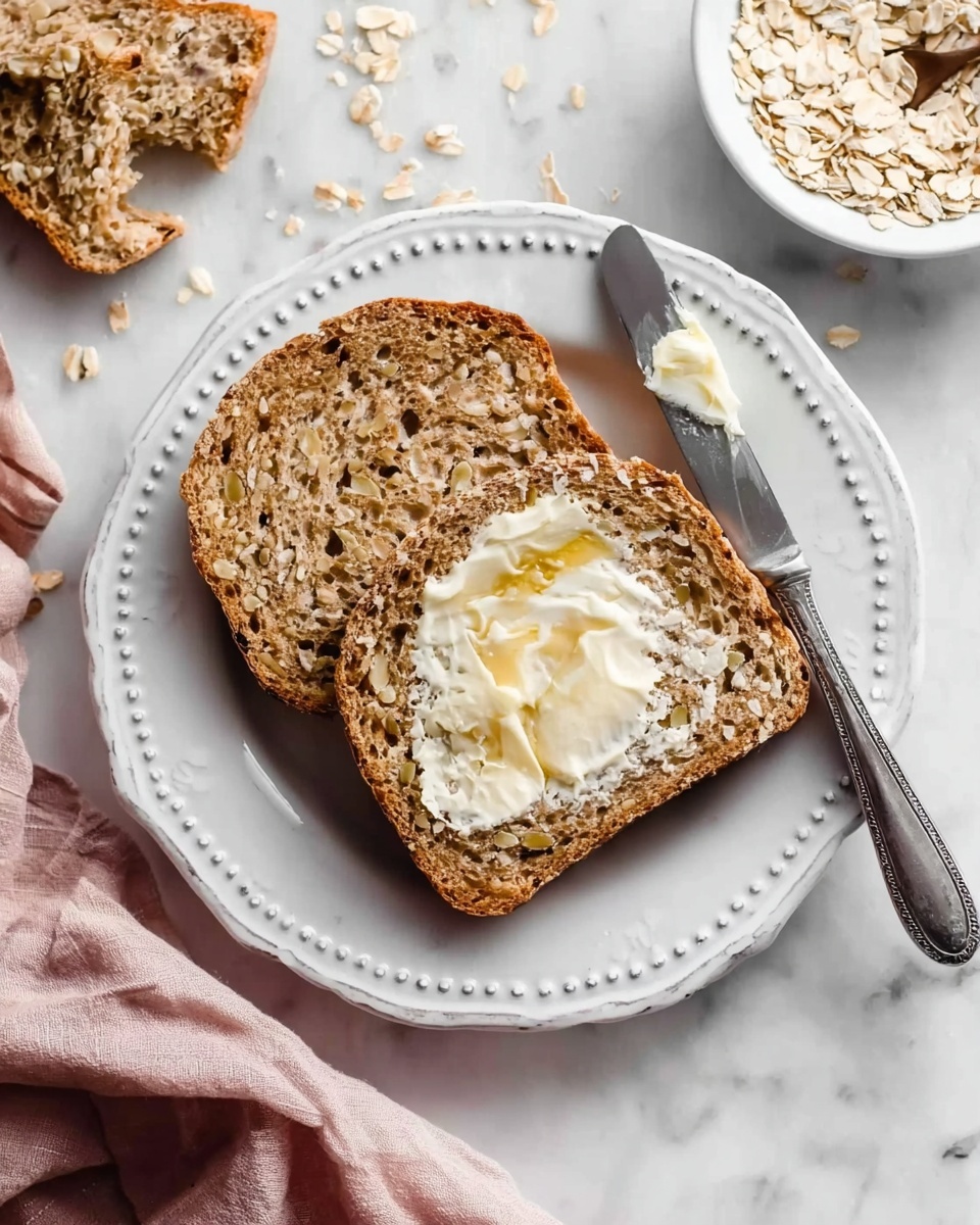 Two slices of seeded bread lie flat on an ornate white plate with small raised dots along the edge, placed on a white marbled surface. The top slice has soft butter spread unevenly, showing the bread's brown crust and light brown interior with seeds. A bread knife with butter rests diagonally on the right side of the plate. Nearby, a small white bowl contains more oats, and a torn piece of bread sits at the top left of the image. A corner of a pale pink cloth is visible at the bottom left. Photo taken with an iphone --ar 4:5 --v 7