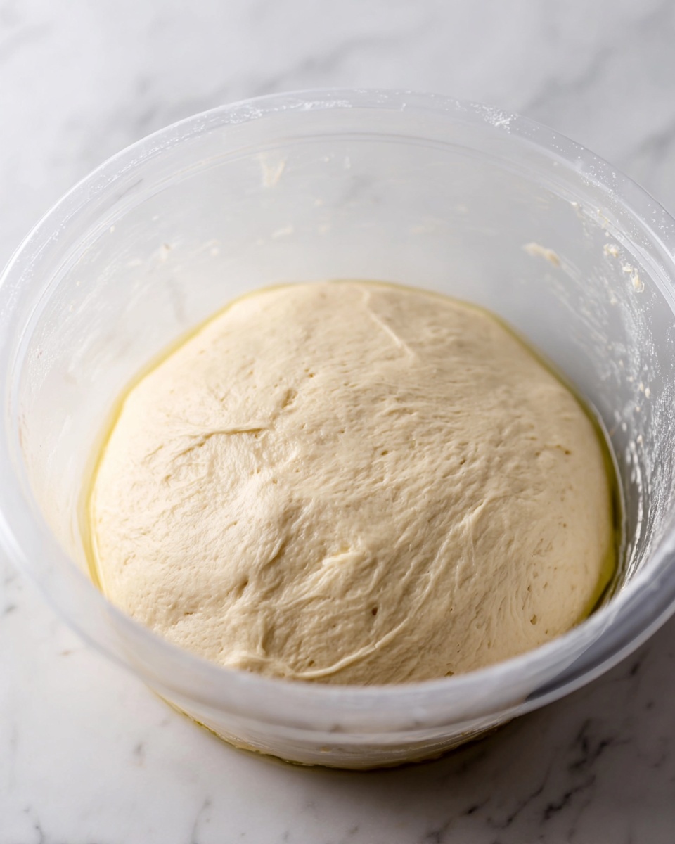 A close-up image of a smooth, light beige dough resting inside a clear plastic bowl, with a thin layer of oil around the edges of the dough. The dough texture looks soft and slightly sticky, filling the bottom of the bowl evenly. The bowl is placed on a white marbled surface, adding a clean and bright background to the scene. Photo taken with an iphone --ar 4:5 --v 7