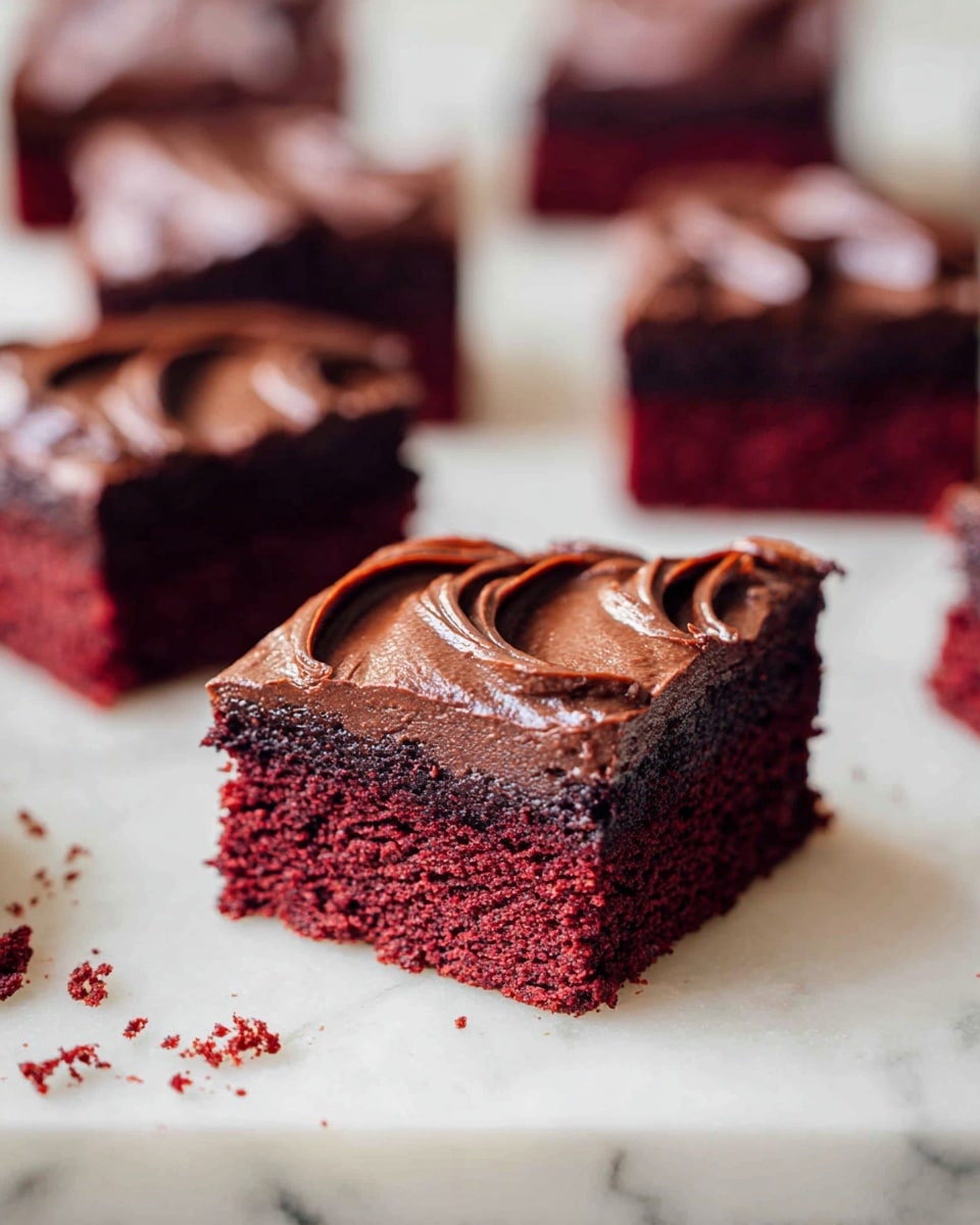 The image shows a square red velvet brownie with two visible layers: a thick, dense, dark red base with a soft texture, and a smooth, rich, dark chocolate frosting layer on top with swirled peaks and shiny highlights. Surrounding it are several similar brownies, all evenly cut and placed on a white marbled surface with some crumbs scattered around. The background is softly blurred to keep focus on the brownies in the foreground. photo taken with an iphone --ar 4:5 --v 7