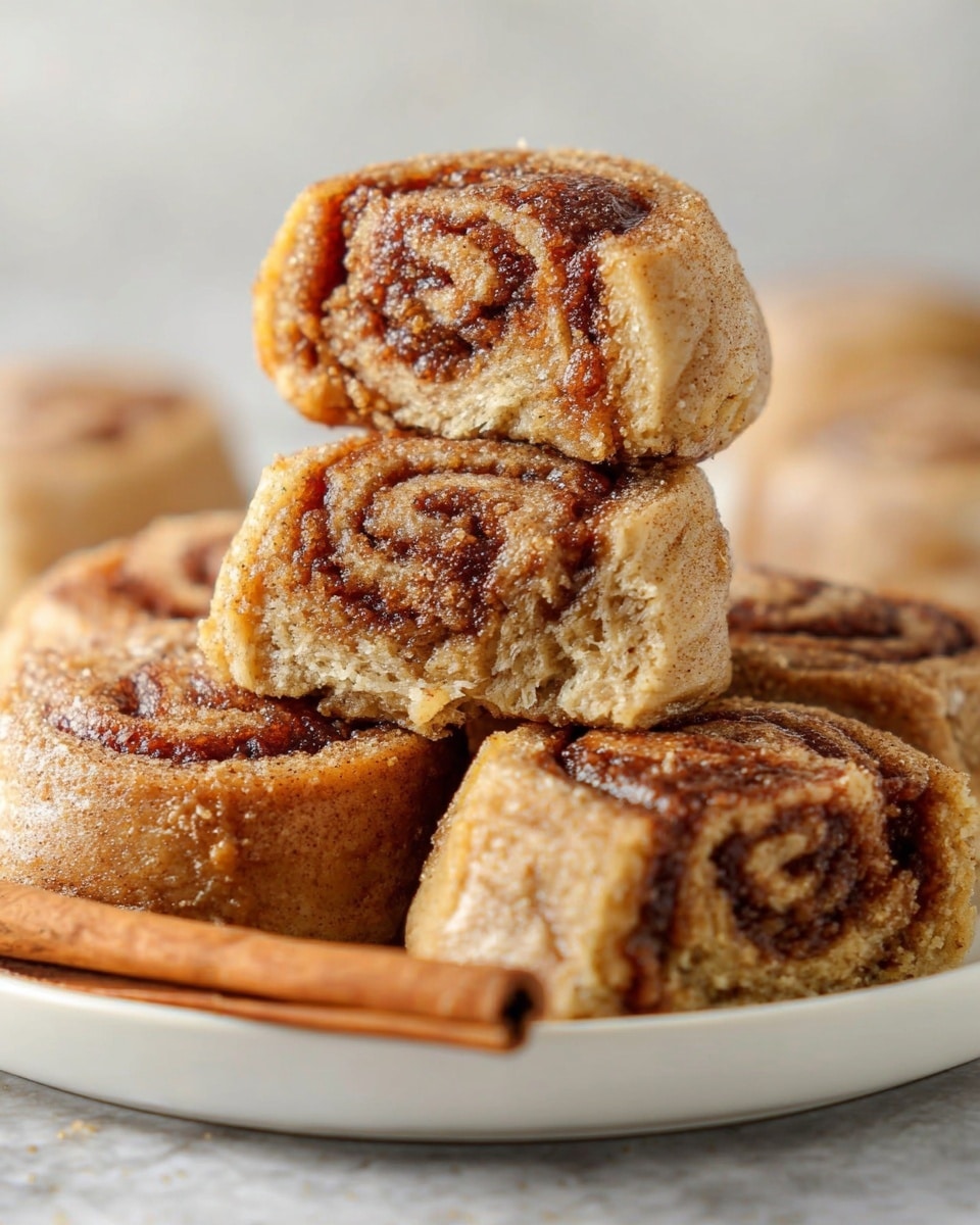 The image shows a stack of five cinnamon rolls on a white plate placed on a white marbled surface. Each cinnamon roll has two visible layers: an outer light brown dough layer with a soft, crumbly texture, and an inner darker brown, sticky cinnamon swirl that spirals inward to the center. The rolls are arranged with three forming the base, one stacked on top, and one leaning on the side, with a small piece of a roll broken off in front, revealing its soft inside. A cinnamon stick is placed near the rolls, adding to the warm color theme. Photo taken with an iphone --ar 4:5 --v 7