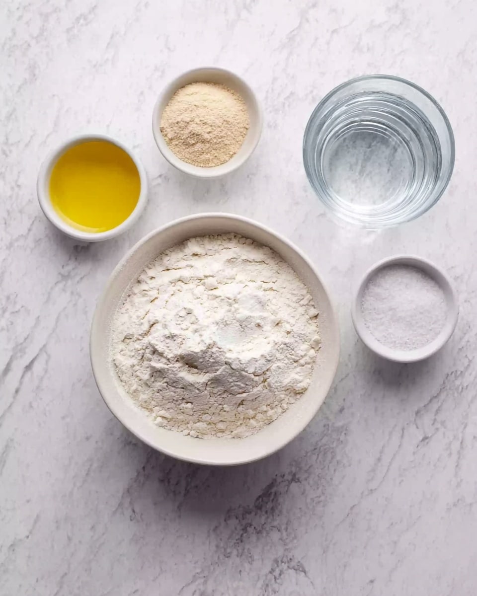 The image shows a white bowl full of white flour placed in the center on a white marbled surface. Around the flour bowl, there are three smaller white bowls: one with yellow oil on the left side, one with light brown yeast in the top-left corner, and another with white salt in the top-right corner. Next to the salt bowl, on the right side, there is a clear glass cup filled with water. The setup is neat and clean with a soft natural light. Photo taken with an iphone --ar 4:5 --v 7