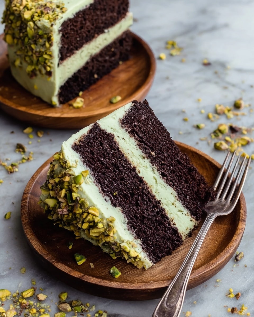 The image shows two slices of a three-layer chocolate cake on wooden plates against a white marbled background. Each cake slice has three thick layers of dark brown chocolate cake separated by two pale green creamy layers of frosting. The outside is covered with the same green frosting, with chopped pistachios decorating the sides. One plate has a silver fork resting on it, and crushed pistachios are scattered around both plates on the white marbled surface. Photo taken with an iphone --ar 4:5 --v 7