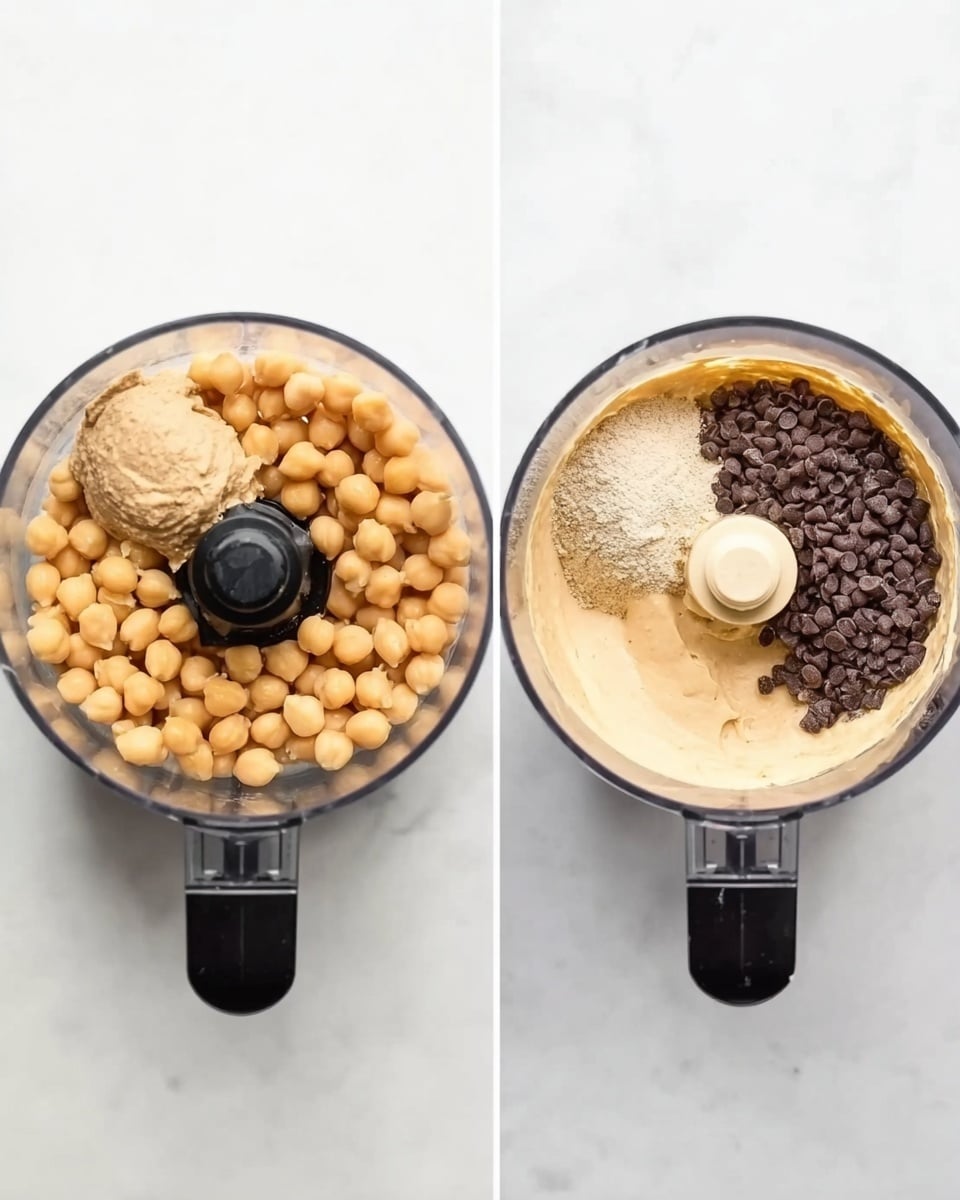 Two food processor bowls are shown on a white marbled surface. The left bowl contains several whole chickpeas, a dollop of light brown tahini paste, and some pale beige powder all together. The right bowl shows a creamy light tan mixture partially blended with a heap of small dark brown chocolate chips on one side, ready to be mixed. Both bowls are clear with black handles visible on the left side of each. photo taken with an iphone --ar 4:5 --v 7