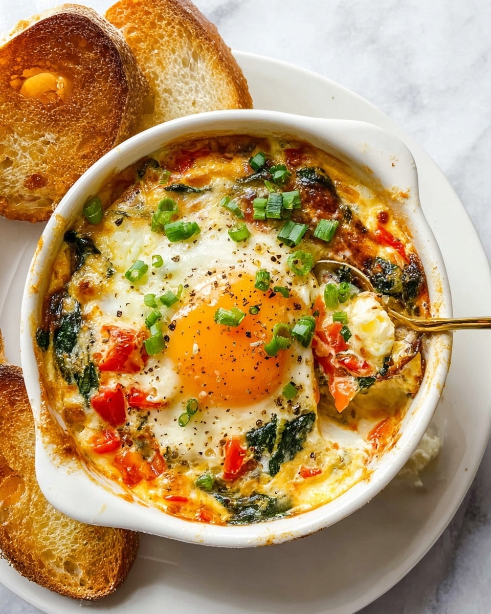 A white round ceramic dish filled with a baked egg dish in two main layers: the bottom layer has melted cheese mixed with chopped red bell peppers and cooked spinach, creating a yellowish-orange and green base with some red spots, while the top layer shows a softly cooked sunny-side-up egg with a bright orange yolk in the center, lightly sprinkled with freshly chopped green onions and black pepper. The edges of the dish show some baked cheese bubbles and bits of cooked vegetables. To the left, on a white round plate with a white marbled texture underneath, there are two pieces of toasted golden brown bread with a crispy crust. A gold spoon scoops a portion of the baked egg dish, revealing creamy textures underneath the egg. Photo taken with an iphone --ar 4:5 --v 7