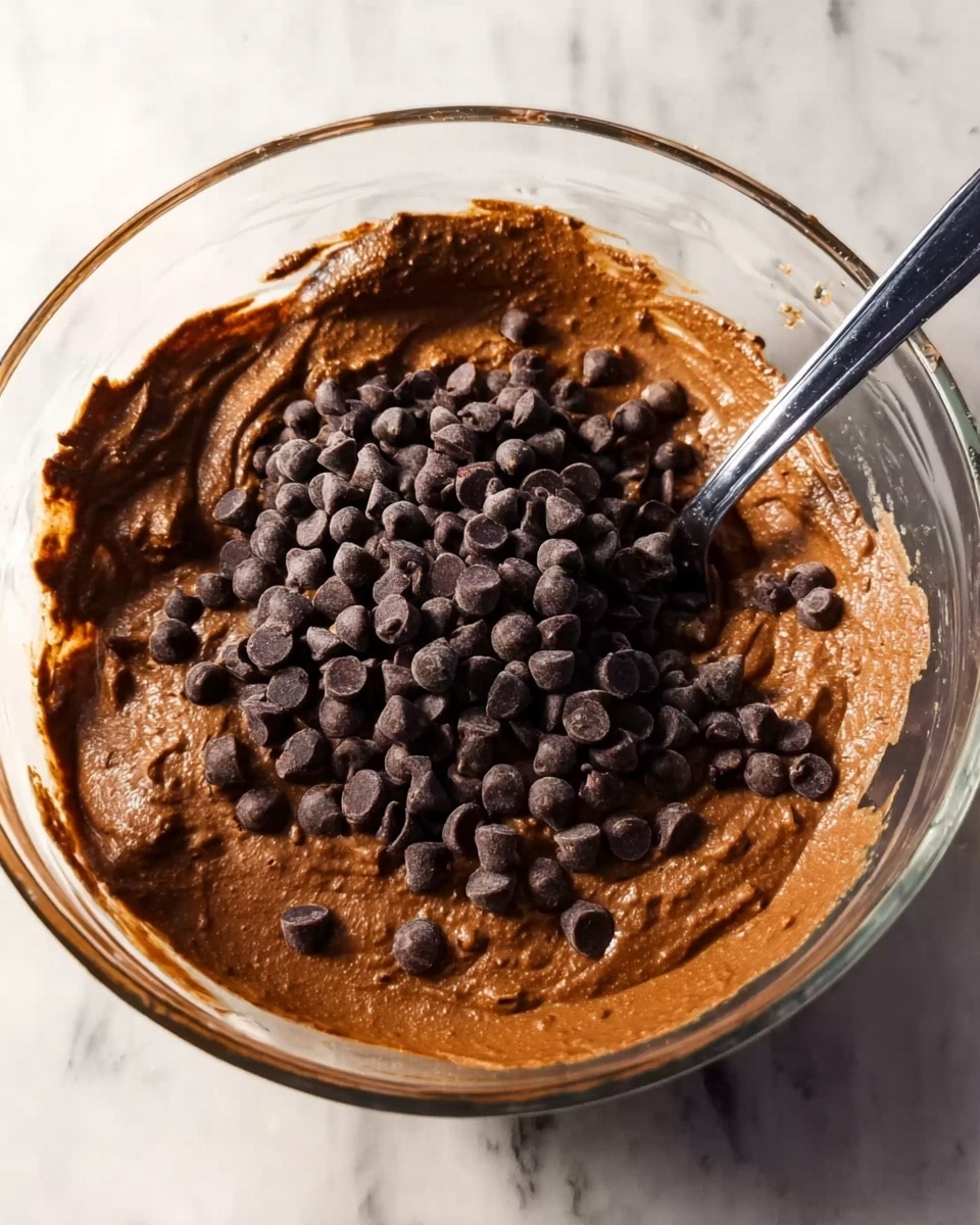 A clear glass bowl is filled with rich brown batter, featuring a thick and smooth texture. On top of the batter, there is a large pile of small, dark chocolate chips scattered unevenly in the center. A silver spoon with a black handle is partially immersed in the batter, resting diagonally inside the bowl. The whole setup is placed on a white marbled surface. photo taken with an iphone --ar 4:5 --v 7