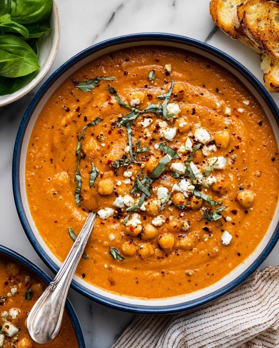 A close-up view of a thick orange soup served in a white bowl with a dark blue rim, showing a textured mix of smooth and chunky bits like chickpeas and shredded pieces. The soup is topped with small crumbles of white cheese and chopped fresh green herbs, with a light sprinkle of black pepper and red chili flakes. A silver spoon rests inside the bowl on the left side, partially dipped in the soup. Around the bowl, there is a white marbled surface with a couple of toasted bread slices on the right, a striped white and brown cloth napkin underneath on the left, and a small white bowl with fresh green basil leaves in the top left corner. photo taken with an iphone --ar 4:5 --v 7