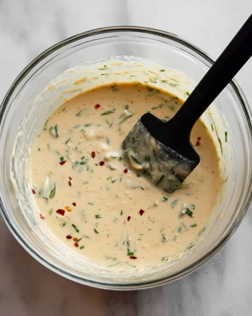 A clear glass bowl sits on a white marbled surface, filled with a beige, thick sauce speckled with small green herb pieces and tiny red chili flakes. A black spatula is partially submerged in the sauce, resting inside the bowl with its handle angled upward. The sauce has a smooth, creamy texture with small bits evenly spread throughout. Photo taken with an iphone --ar 4:5 --v 7