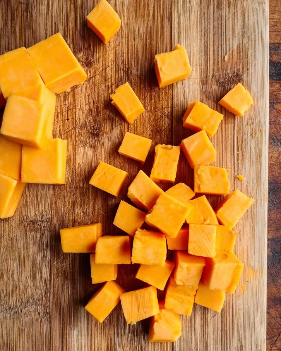 The image shows small orange cubes of cheese spread on a wooden cutting board with visible wood grain. Some cheese is in neat blocks, while others are loosely arranged. The cheese has a smooth texture and bright, vibrant orange color. There are no other ingredients or items on the cutting board. photo taken with an iphone --ar 4:5 --v 7