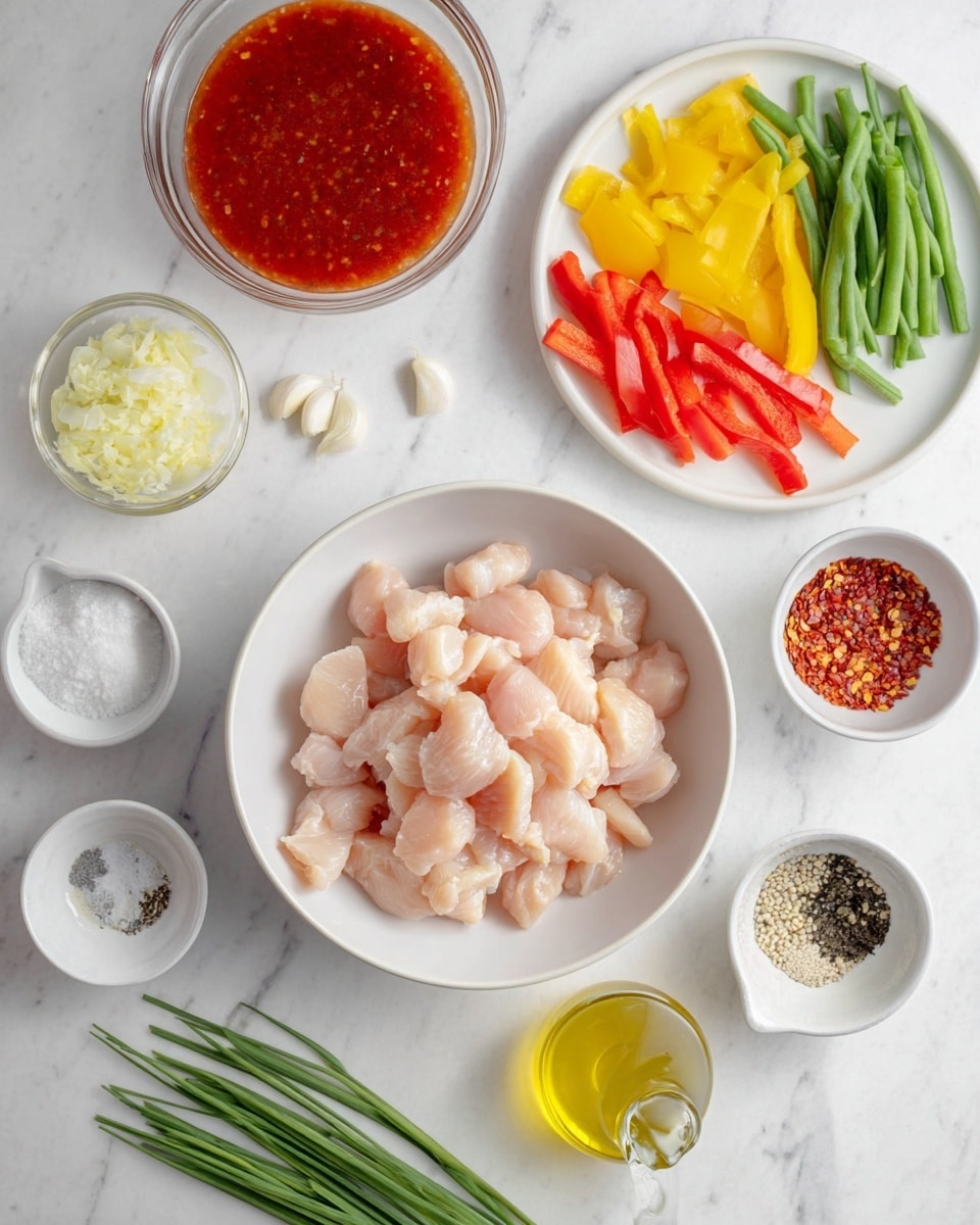The image shows a white bowl filled with small pieces of raw light pink chicken centered on a white marbled surface. To the right, there is a white plate holding three groups of sliced vegetables: bright red bell pepper strips at the top left, yellow bell pepper strips at the top right, and cut green beans at the bottom. Around the main bowls, there are small white dishes and glass bowls with ingredients including finely chopped garlic in a glass bowl, white powder (likely cornstarch) in another glass bowl, a small jug of yellow olive oil, a white dish with mixed black and white pepper and salt, a few fresh green chives, a white round dish with red chili flakes, and a white bowl filled with red chili sauce. The whole setup is neat and evenly spaced, with soft natural lighting illuminating the fresh ingredients photo taken with an iphone --ar 4:5 --v 7