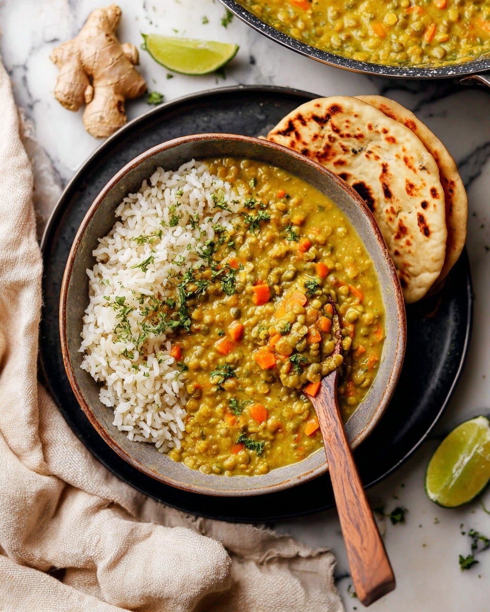 A bowl filled with two layers: on one side, white rice with some green herb sprinkled on top, and on the other side, a thick yellow lentil curry mixed with small orange carrot pieces and green lentils, garnished with fresh green herbs. A wooden spoon rests on the bowl, scooping some lentil curry. The bowl is placed on a black plate, with two golden flatbreads showing light brown spots stacked partly behind it. Around the bowl on a white marbled surface, there is a small wedge of lime and a piece of ginger root. A beige cloth is draped softly to the left. Part of a pan with the same lentil curry is visible at the top. Photo taken with an iphone --ar 4:5 --v 7