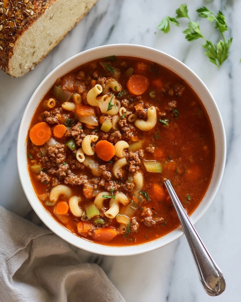 A white bowl filled with a hearty soup showing three main layers: a reddish-brown broth on the bottom with small pieces of ground meat spread evenly, bright orange carrot slices scattered throughout, and small elbow macaroni noodles placed on top and within, all mixed with bits of diced celery and herbs. A silver spoon rests inside the bowl, partially submerged in the soup. The bowl is set on a white marbled surface with a piece of multigrain bread and some green herbs to the side. photo taken with an iphone --ar 4:5 --v 7