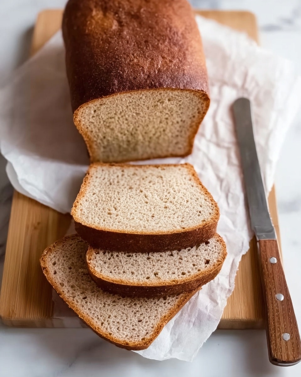 The image shows a whole loaf of bread with a golden brown crust resting on white parchment paper over a wooden board. Three slices of the bread are placed in front of the loaf, showing a soft, light brown interior with small, even holes. To the right of the loaf is a knife with a wooden handle. The background features a white marbled surface. Photo taken with an iphone --ar 4:5 --v 7