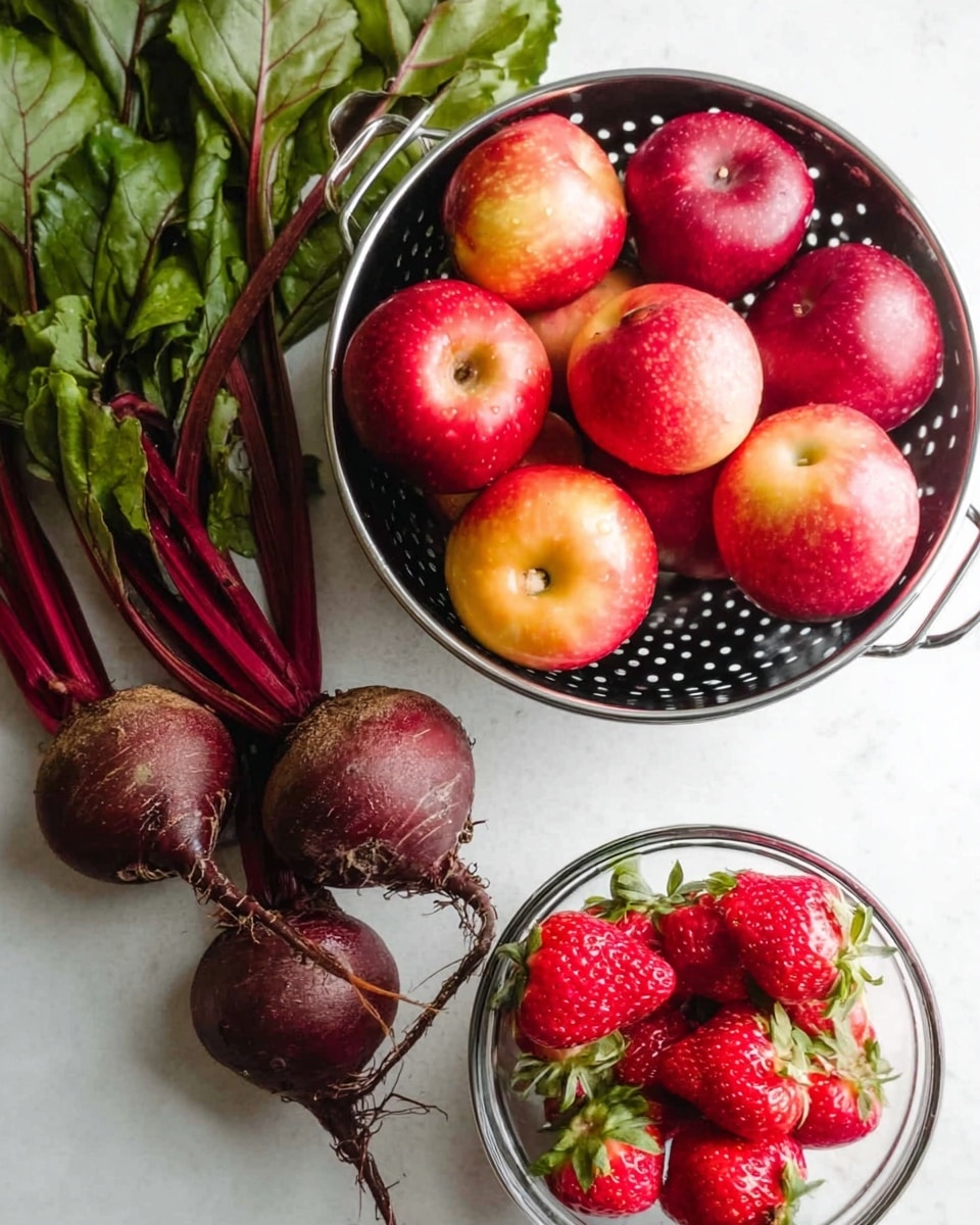 The image shows a white marbled surface with fresh vegetables and fruits arranged neatly. On the left side, there are three whole, dark red beets with long green leaves placed diagonally. To the right, there is a black colander filled with seven round apples that are red and yellow in color. Below the colander, a clear glass bowl holds several bright red strawberries with green tops. The colors are vivid, with the deep reds and greens contrasting against the white marbled background. Photo taken with an iphone --ar 4:5 --v 7