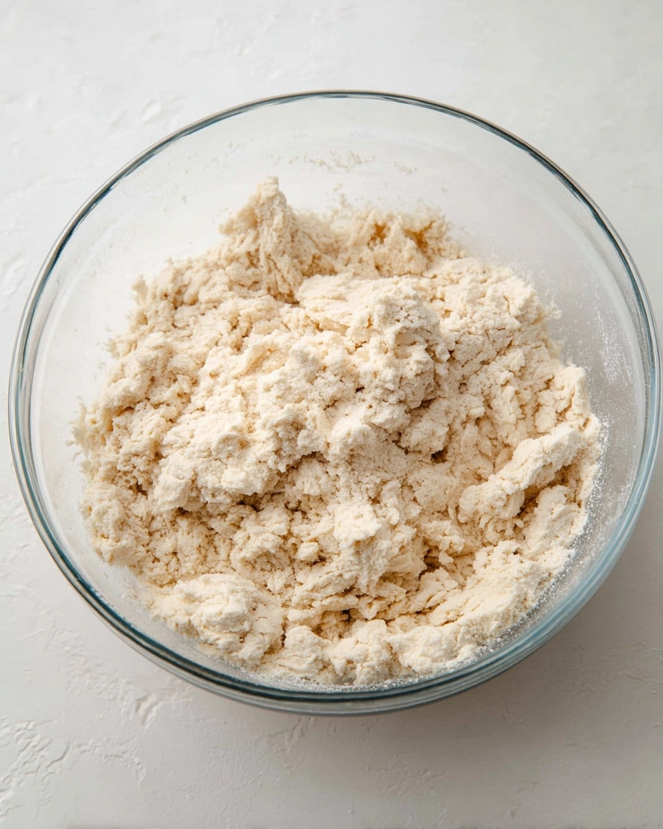 A clear glass bowl holds a rough, crumbly dough mixture that is pale beige in color. The dough's texture appears uneven with small, clumpy chunks scattered throughout, showing a dry and floury look. The bowl is placed on a white marbled surface, adding subtle texture underneath the clear container. There is no other visible item or layer, focusing on the dough alone in the bowl. photo taken with an iphone --ar 4:5 --v 7