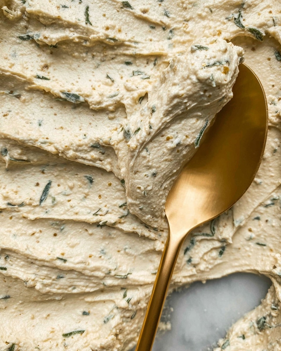 A close-up of a creamy mixture with a light beige color and small green leaf pieces spread evenly throughout. The texture is thick and slightly grainy with visible small lumps. A shiny gold spoon is partially submerged on the right side, showing a smooth scoop of the mixture. The background shows the white marbled surface softly blurred. photo taken with an iphone --ar 4:5 --v 7