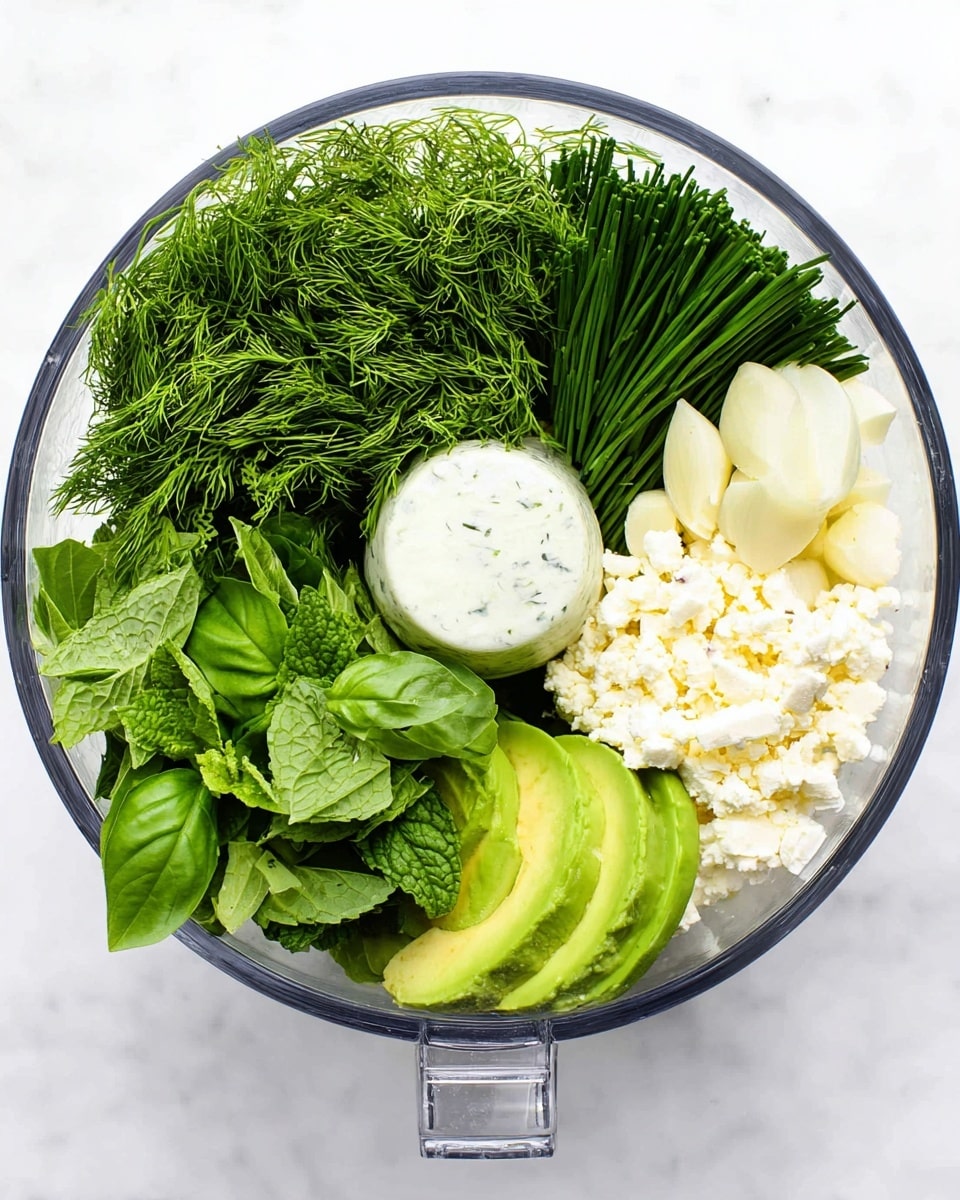 A clear round bowl holds a mix of fresh ingredients arranged in neat sections: bright green dill with thin, feathery leaves on the top left, dark green chives standing upright to the top right, creamy white crumbles of cheese next to the chives, and two pale white slices of garlic close to the cheese. At the bottom right, two green avocado halves with smooth, light green flesh and hollow centers sit side by side, while in the bottom left corner, vibrant green fresh mint leaves are layered over large, dark green basil leaves. In the center sits a smooth, round dollop of white sauce. The bowl is placed on a white marbled surface photo taken with an iphone --ar 4:5 --v 7