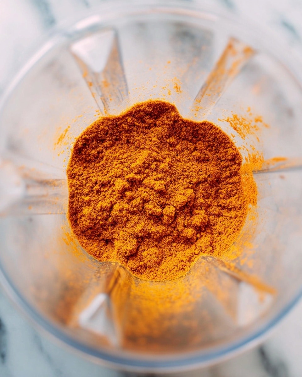 The image shows a close-up top view of a single layer of finely ground orange spice powder with a slightly uneven texture inside a clear blender container. The bright orange color stands out against the transparent smooth sides of the container, which has subtle light reflections and a white marbled surface visible through the bottom. Photo taken with an iphone --ar 4:5 --v 7