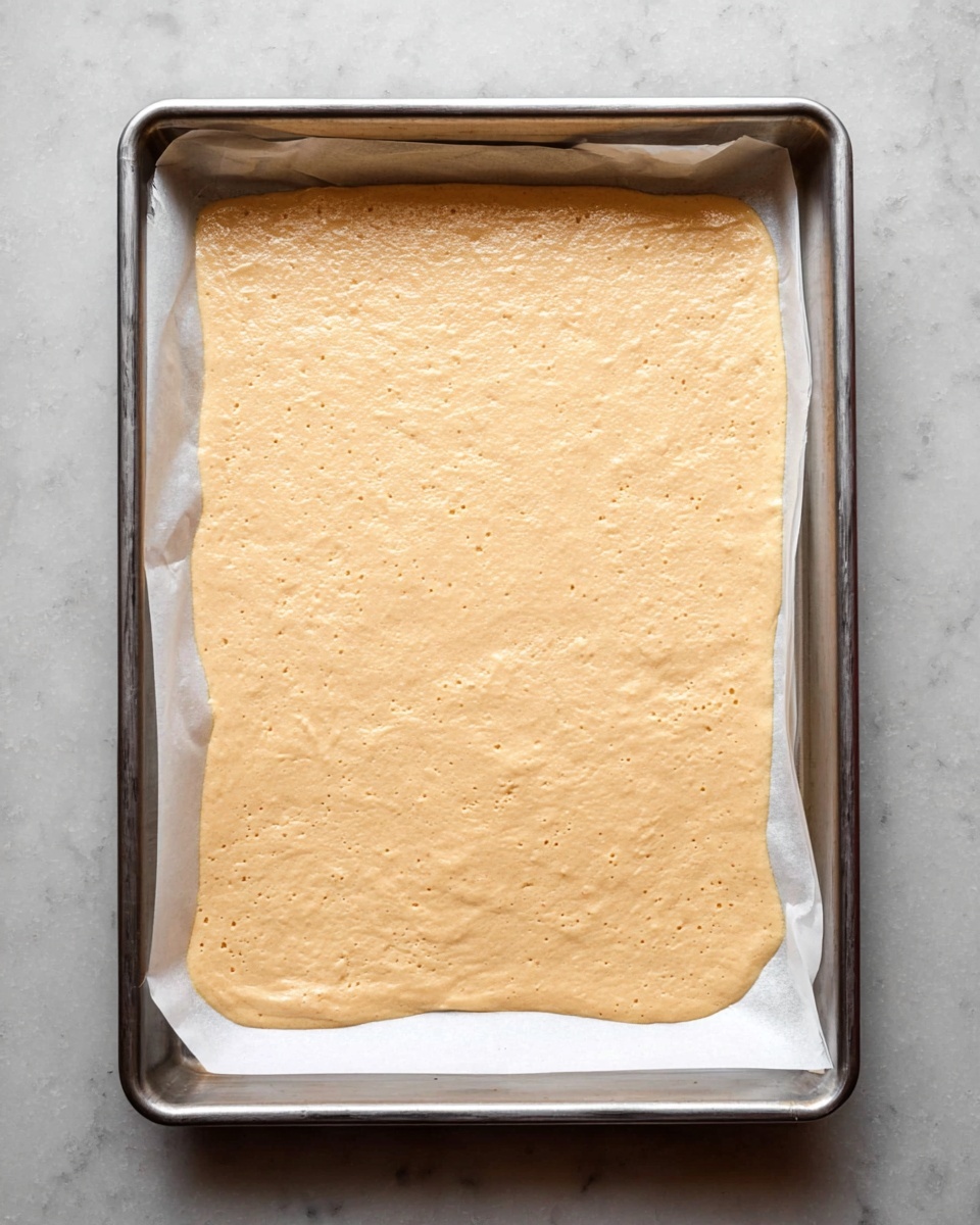 Rosemary Lemon Baked Lentil Chips Recipe 5 A rectangular metal baking tray holds a single layer of thin light brown batter spread evenly on top of white baking paper. The batter has a smooth texture with many small bubbles throughout its surface, giving it a slightly airy look. The edges of the batter are uneven with slight folds and wrinkles near the corners of the tray. The tray rests on a white marbled surface with soft natural lighting. photo taken with an iphone --ar 4:5 --v 7