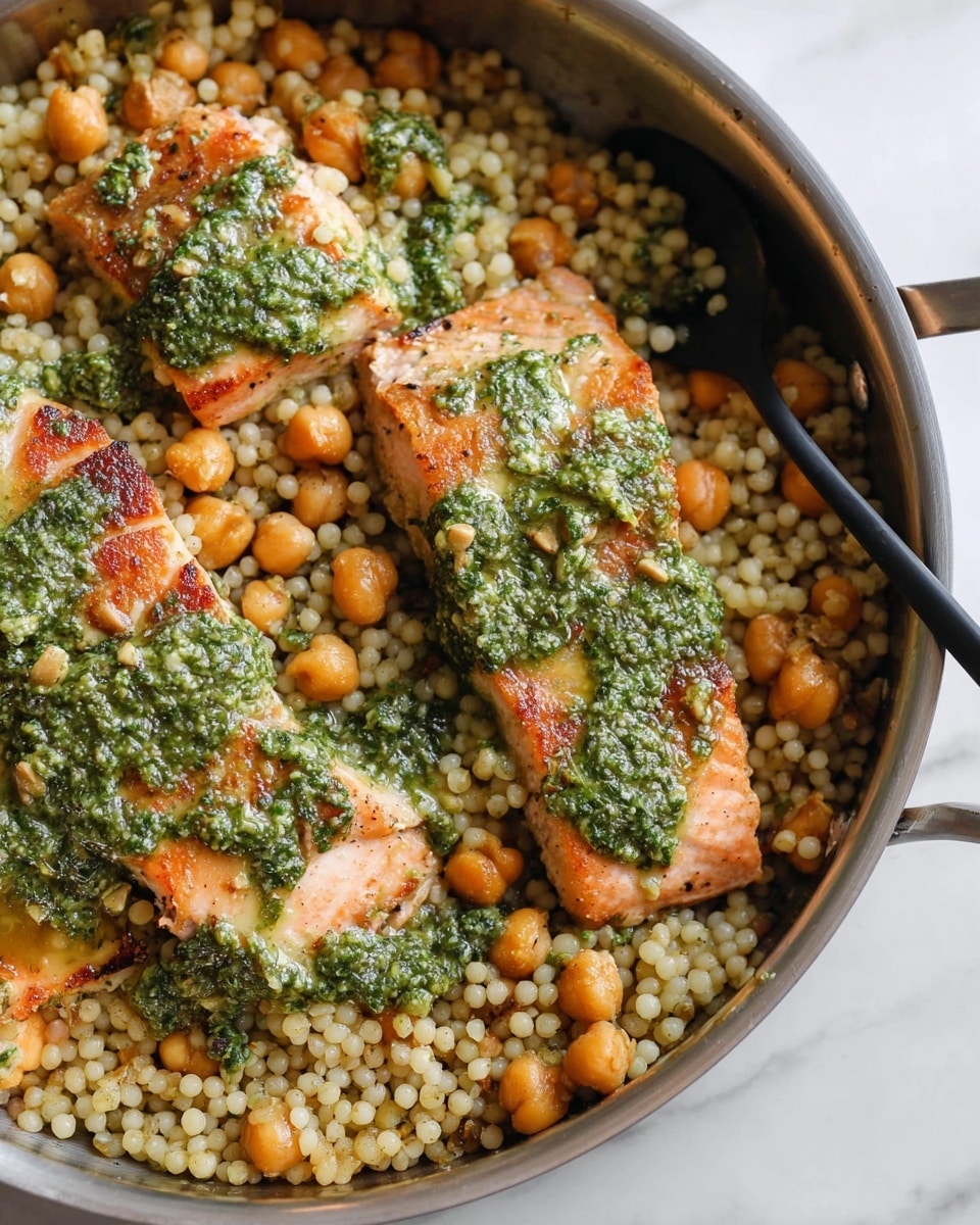 A round metal pan filled with small, round couscous mixed with beige chickpeas as the bottom layer. On top, there are pieces of cooked salmon with a light brown sear, covered unevenly with a thick, bright green herb sauce spread across in patches. A black spoon rests inside the pan on the right side. The pan sits on a white marbled surface. photo taken with an iphone --ar 4:5 --v 7