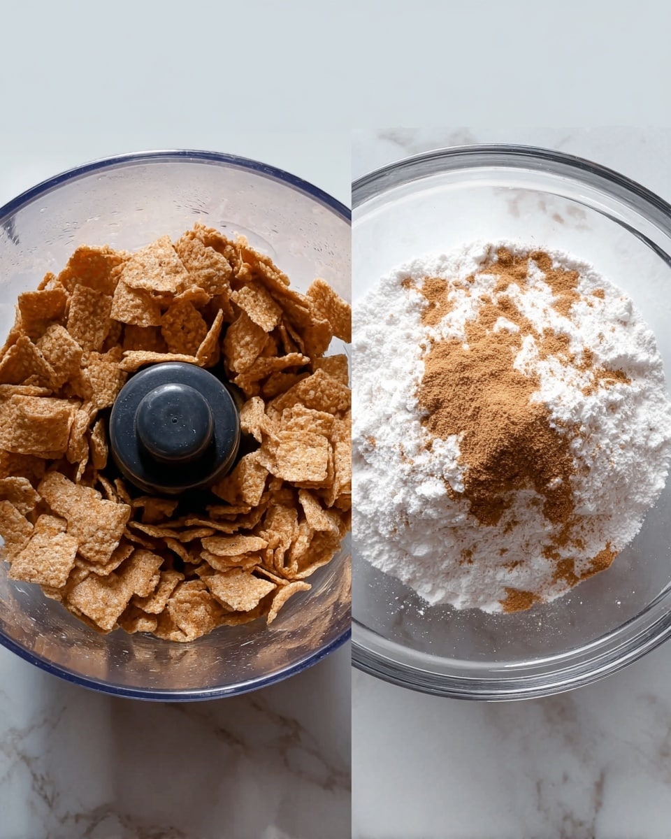 The image shows two clear glass bowls placed side by side on a white marbled surface. The left bowl contains many broken cereal pieces, light brown in color with a rough texture, inside a food processor. The right bowl holds a white powdery mixture with some light brown cinnamon powder on top, creating a small pile slightly off-center, the mixture looking fine and soft. The scene is well-lit with natural light highlighting the textures. Photo taken with an iphone --ar 4:5 --v 7