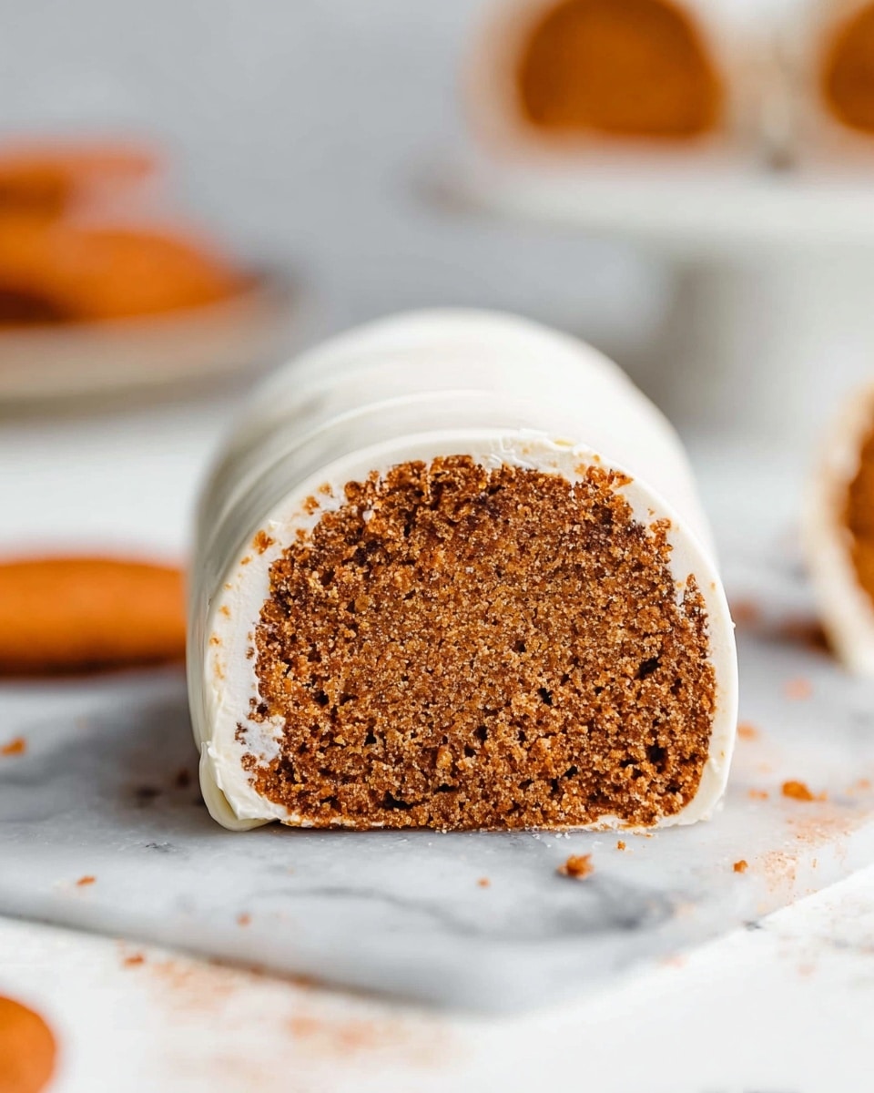 A close-up view of a round dessert log with two main layers visible; the inner layer is a dense, textured brown cake, and it is fully covered by a smooth, white icing that wraps around the cake tightly. The dessert sits on a white marbled surface with some crumbs scattered around. In the background, there are blurred white plates and some orange cookies partially visible, adding soft warm tones to the scene. photo taken with an iphone --ar 4:5 --v 7