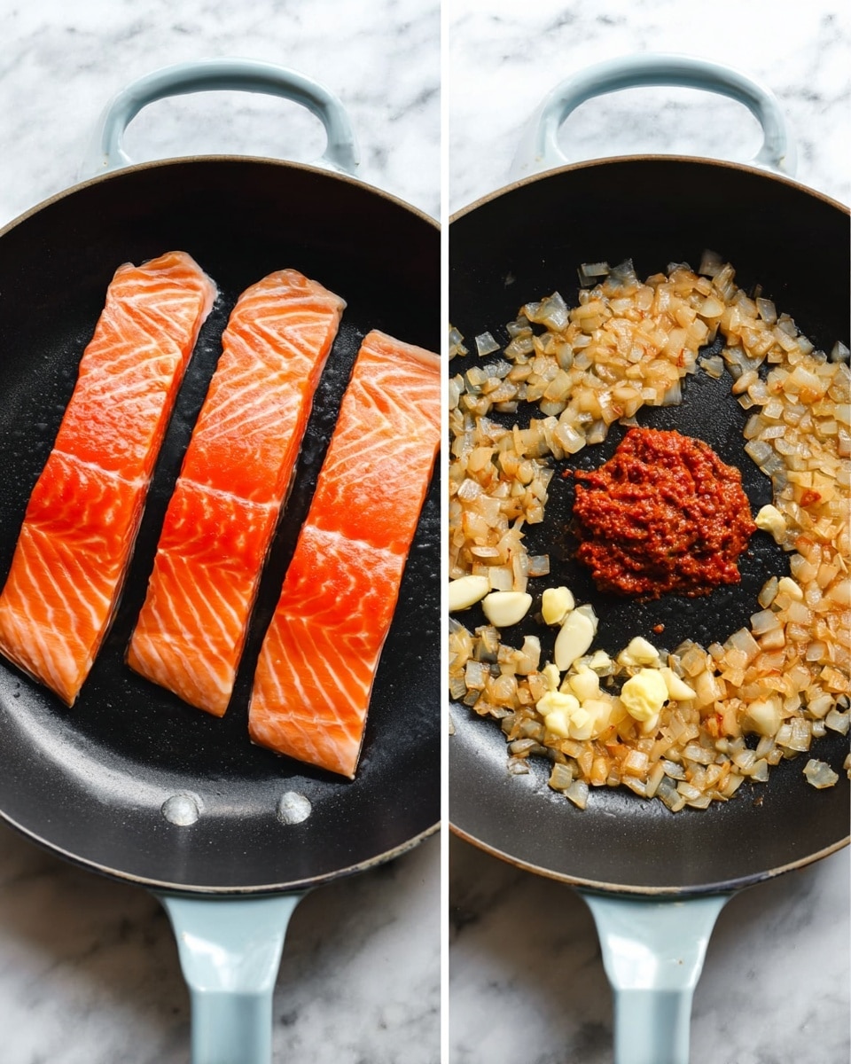 The image shows two views of a black pan with a light blue handle on a white marbled surface. In the left view, there are four raw salmon fillets, bright orange with white lines, arranged side by side in the pan. In the right view, the pan contains small pieces of light golden-brown cooked onions covering most of the bottom, with a small mound of red tomato paste in the center and a small pile of minced pale yellow garlic just below it. Photo taken with an iphone --ar 4:5 --v 7