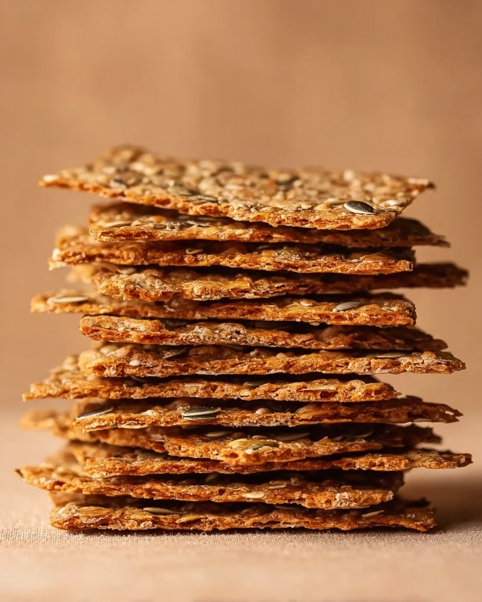 A tall stack of seven thin, rectangular seed crackers is shown close up against a soft beige background. Each cracker layer is golden brown with a slightly rough texture, filled with visible mixed seeds such as sunflower and sesame that add a natural, crunchy look. The edges are uneven, and the crackers are stacked neatly one on top of another, highlighting their thinness and crispiness. The image captures the detailed texture and the mix of seeds in warm light. photo taken with an iphone --ar 4:5 --v 7