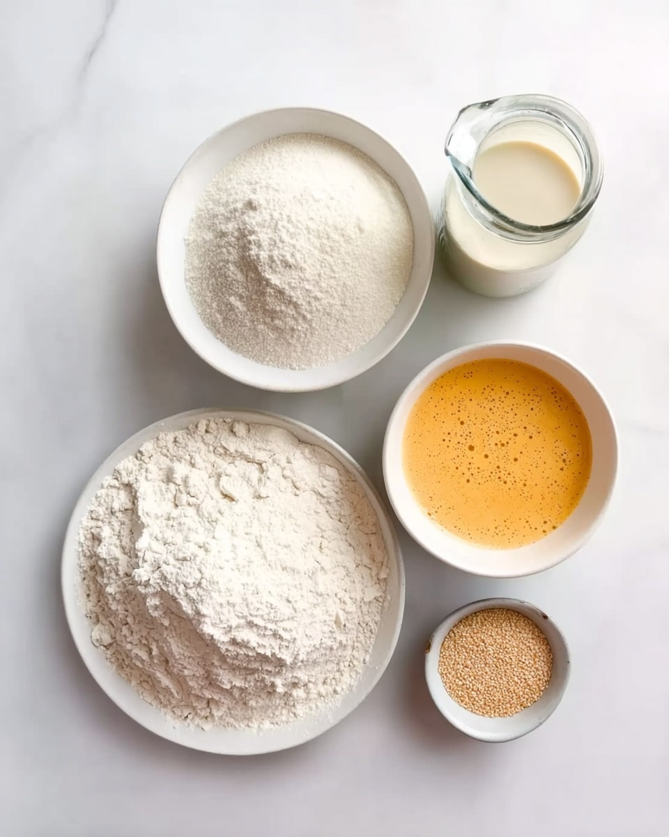 The image shows a white marbled surface with five white bowls arranged on it. In the lower left, a large white plate is heaped with fine white flour, creating a soft, powdery layer. Above that, a medium white bowl holds a white powder divided into two sections, giving a light and dark contrast. To the right of this, a smaller white bowl contains a frothy orange liquid with visible bubbles, filling it halfway. Below this, a tiny white bowl has a pile of light brown granules. At the top of the image, a clear glass jar filled with a colorless liquid and a small white pitcher filled with a pale creamy liquid are placed close together. The photo taken with an iphone --ar 4:5 --v 7